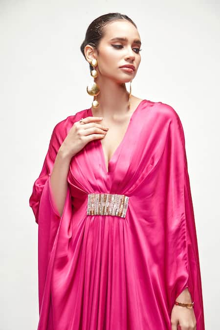 Shop_Ranian_Fuchsia Silk Embroidery V-neck V Kaftan _Online_at_Aza_Fashions