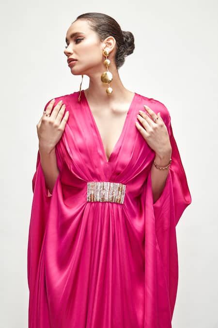 Ranian_Fuchsia Silk Embroidery V-neck V Kaftan _at_Aza_Fashions