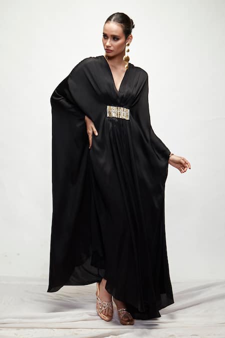 Ranian_Black Silk Embroidery V-neck Kaftan _Online_at_Aza_Fashions