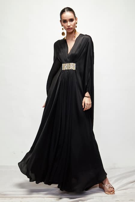 Shop_Ranian_Black Silk Embroidery V-neck Kaftan _Online_at_Aza_Fashions