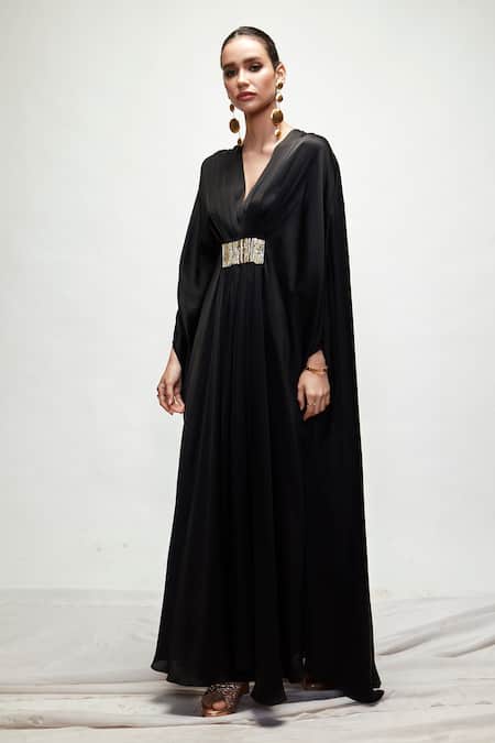 Ranian_Black Silk Embroidery V-neck Kaftan _at_Aza_Fashions