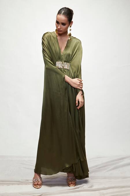 Ranian_Green Silk Embroidery V-neck Kaftan _Online_at_Aza_Fashions
