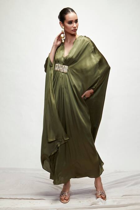 Buy_Ranian_Green Silk Embroidery V-neck Kaftan _Online_at_Aza_Fashions