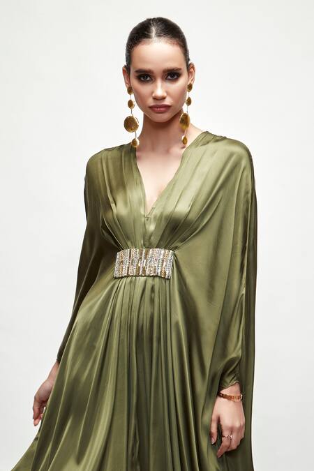 Shop_Ranian_Green Silk Embroidery V-neck Kaftan _Online_at_Aza_Fashions