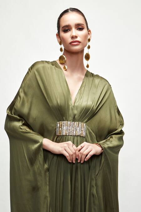 Ranian_Green Silk Embroidery V-neck Kaftan _at_Aza_Fashions