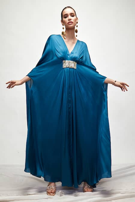Ranian_Blue Silk Front Pleated Kaftan _Online_at_Aza_Fashions