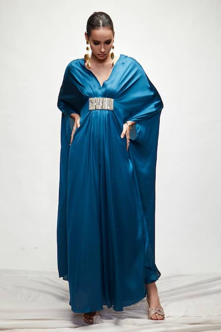 Buy_Ranian_Blue Silk Front Pleated Kaftan _Online_at_Aza_Fashions