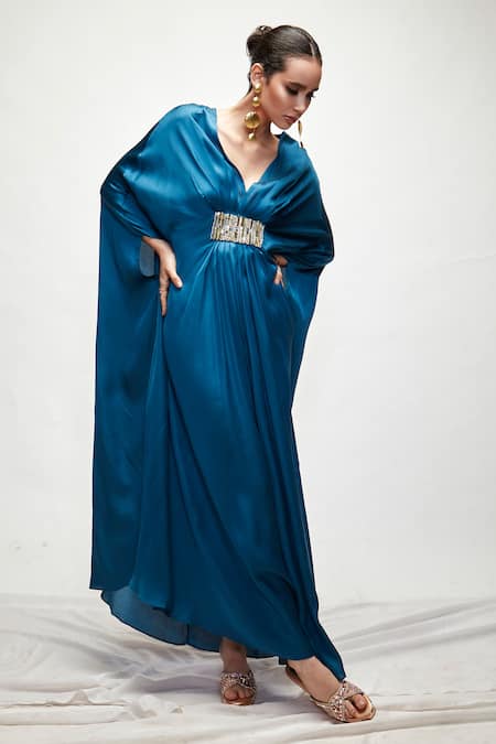 Shop_Ranian_Blue Silk Front Pleated Kaftan _Online_at_Aza_Fashions