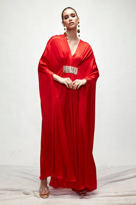 Ranian_Red Silk Embroidery V-neck Pleated Kaftan _Online_at_Aza_Fashions