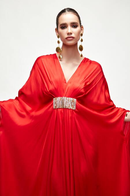 Shop_Ranian_Red Silk Embroidery V-neck Pleated Kaftan _Online_at_Aza_Fashions