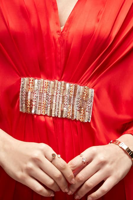 Ranian_Red Silk Embroidery V-neck Pleated Kaftan _at_Aza_Fashions