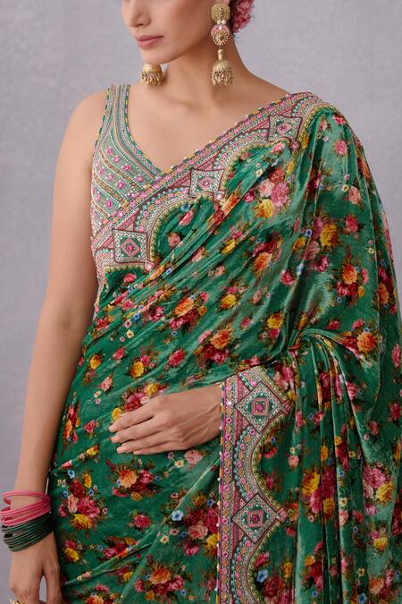 Shop_Torani_Green Velvet, Pure Cotton Silk Panna Guldabri Saree _Online_at_Aza_Fashions