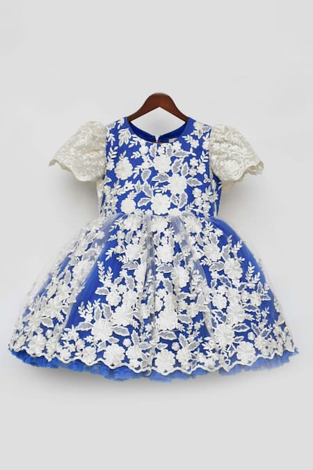 Fayon Kids_Blue Net Embroidery Floral Lace Dress _Online_at_Aza_Fashions