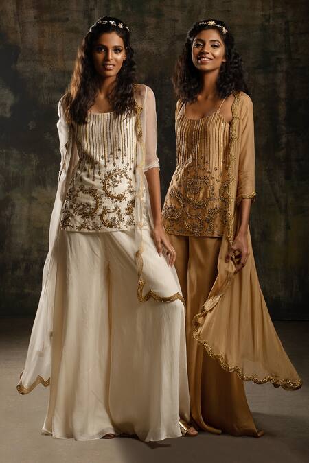 Shop_Mona And Vishu_Ivory Silk, Organza Zari, Beads Asymmetric Hem Embellished Jacket Kurta Set _Online_at_Aza_Fashions