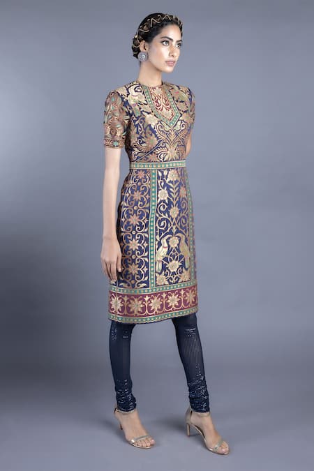 Abhishek Gupta_Blue Cotton Satin Lining Shantoon Embroidery Round Tunic Set  _Online_at_Aza_Fashions