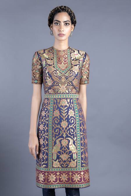 Buy_Abhishek Gupta_Blue Cotton Satin Lining Shantoon Embroidery Round Tunic Set  _Online_at_Aza_Fashions