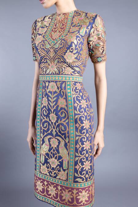 Shop_Abhishek Gupta_Blue Cotton Satin Lining Shantoon Embroidery Round Tunic Set  _Online_at_Aza_Fashions