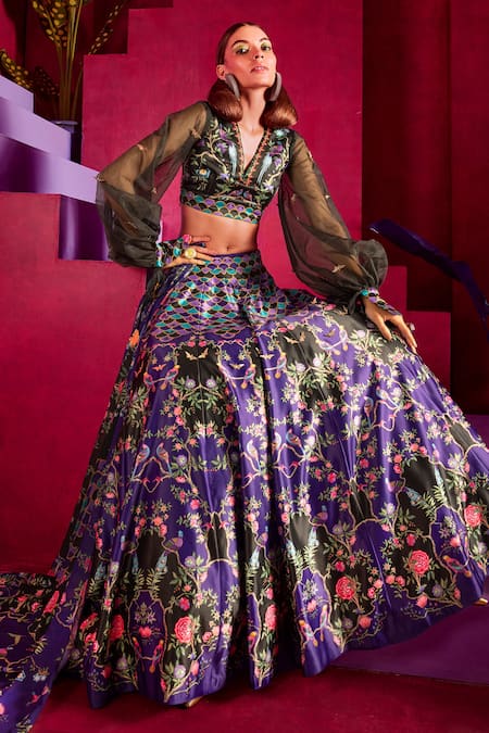 Buy Limerick By Abirr N' Nanki Purple Floral Print V Neck Maeve Lehenga Set at Aza Fashions Buy_Limerick By Abirr N' Nanki_Purple Floral Print V Neck Maeve Lehenga Set_at_Aza_Fashions