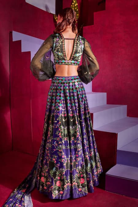 Shop Limerick By Abirr N' Nanki Purple Floral Print V Neck Maeve Lehenga Set at Aza Fashions Shop_Limerick By Abirr N' Nanki_Purple Floral Print V Neck Maeve Lehenga Set_at_Aza_Fashions