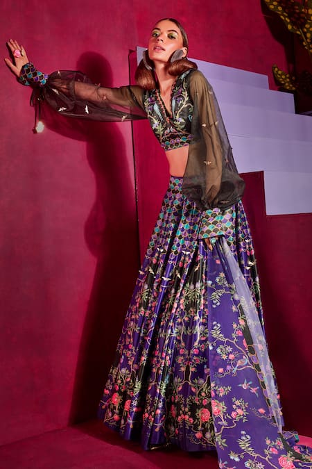 Buy Limerick By Abirr N' Nanki Purple Floral Print V Neck Maeve Lehenga Set Online at Aza Fashions Buy_Limerick By Abirr N' Nanki_Purple Floral Print V Neck Maeve Lehenga Set_Online_at_Aza_Fashions