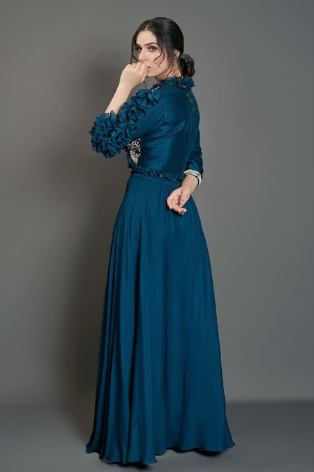 Shop Suruchi Parakh Blue Tussar Silk And Georgette Crepe Lining Shantoon Bead, Crop Top & Pant Set at Aza Fashions Shop_Suruchi Parakh_Blue Tussar Silk And Georgette Crepe Lining Shantoon Bead, Crop Top & Pant Set_at_Aza_Fashions