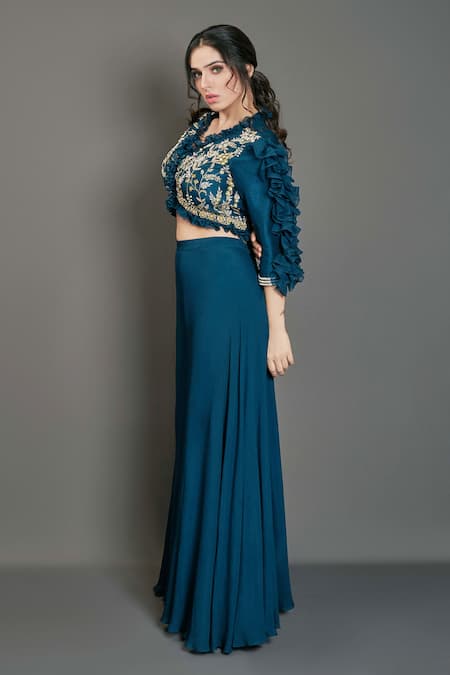 Suruchi Parakh Blue Tussar Silk And Georgette Crepe Lining Shantoon Bead, Crop Top & Pant Set Online at Aza Fashions Suruchi Parakh_Blue Tussar Silk And Georgette Crepe Lining Shantoon Bead, Crop Top & Pant Set_Online_at_Aza_Fashions
