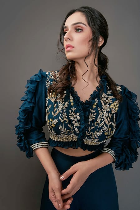 Buy Suruchi Parakh Blue Tussar Silk And Georgette Crepe Lining Shantoon Bead, Crop Top & Pant Set Online at Aza Fashions Buy_Suruchi Parakh_Blue Tussar Silk And Georgette Crepe Lining Shantoon Bead, Crop Top & Pant Set_Online_at_Aza_Fashions