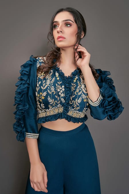 Shop Suruchi Parakh Blue Tussar Silk And Georgette Crepe Lining Shantoon Bead, Crop Top & Pant Set Online at Aza Fashions Shop_Suruchi Parakh_Blue Tussar Silk And Georgette Crepe Lining Shantoon Bead, Crop Top & Pant Set_Online_at_Aza_Fashions