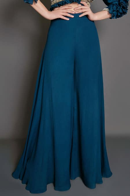 Suruchi Parakh Blue Tussar Silk And Georgette Crepe Lining Shantoon Bead, Crop Top & Pant Set at Aza Fashions Suruchi Parakh_Blue Tussar Silk And Georgette Crepe Lining Shantoon Bead, Crop Top & Pant Set_at_Aza_Fashions