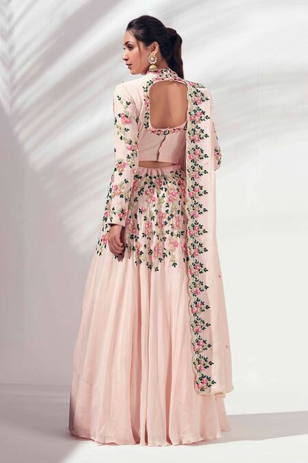 Shop Suruchi Parakh Pink Georgette Crepe, Lining Shantoon Sequins High Neck Embroidered Lehenga Set at Aza Fashions Shop_Suruchi Parakh_Pink Georgette Crepe, Lining Shantoon Sequins High Neck Embroidered Lehenga Set_at_Aza_Fashions