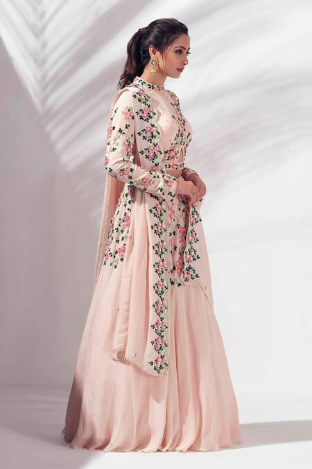 Suruchi Parakh Pink Georgette Crepe, Lining Shantoon Sequins High Neck Embroidered Lehenga Set Online at Aza Fashions Suruchi Parakh_Pink Georgette Crepe, Lining Shantoon Sequins High Neck Embroidered Lehenga Set_Online_at_Aza_Fashions