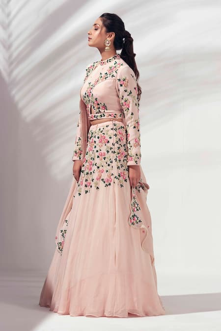 Buy Suruchi Parakh Pink Georgette Crepe, Lining Shantoon Sequins High Neck Embroidered Lehenga Set Online at Aza Fashions Buy_Suruchi Parakh_Pink Georgette Crepe, Lining Shantoon Sequins High Neck Embroidered Lehenga Set_Online_at_Aza_Fashions