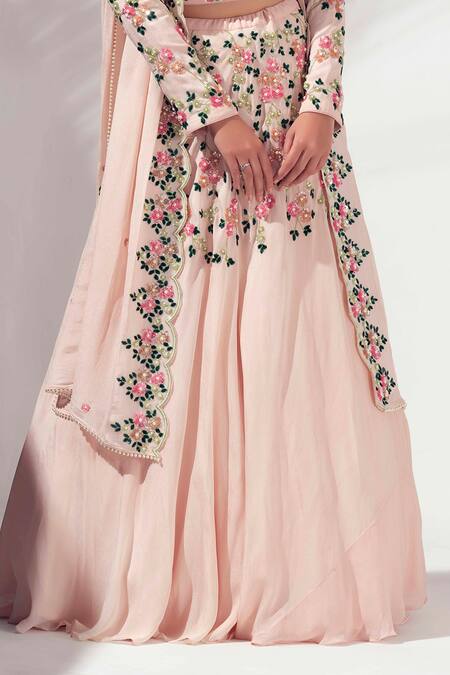Suruchi Parakh Pink Georgette Crepe, Lining Shantoon Sequins High Neck Embroidered Lehenga Set at Aza Fashions Suruchi Parakh_Pink Georgette Crepe, Lining Shantoon Sequins High Neck Embroidered Lehenga Set_at_Aza_Fashions