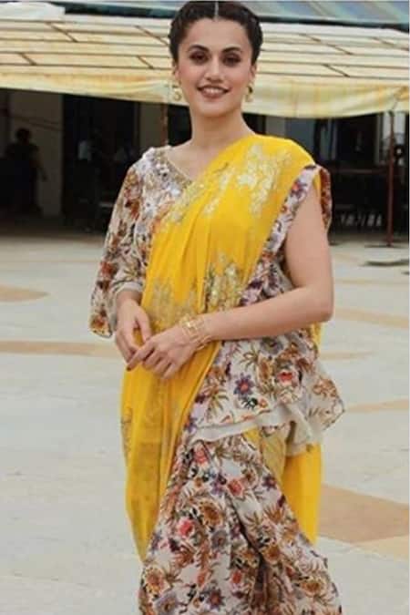 Nikasha Yellow Crepe Silk V Neck Printed Dhoti Pant Saree With Blouse 