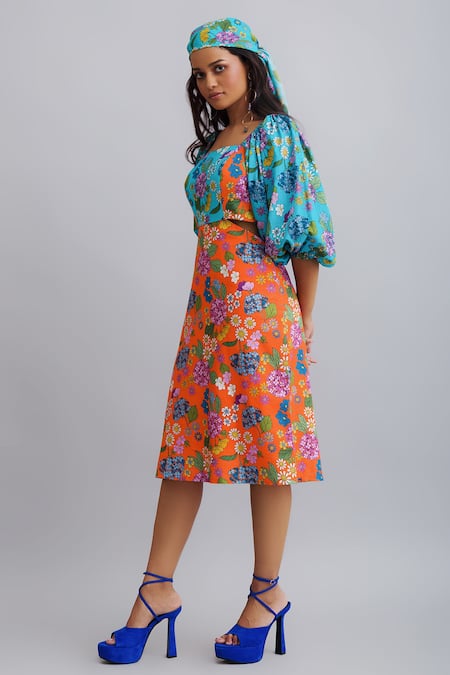 Nautanky_Orange Bandana- Viscose Crepe, Dress 100% Cotton Floral Print Puff Sleeve _Online_at_Aza_Fashions