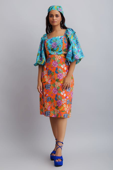 Buy_Nautanky_Orange Bandana- Viscose Crepe, Dress 100% Cotton Floral Print Puff Sleeve _Online_at_Aza_Fashions