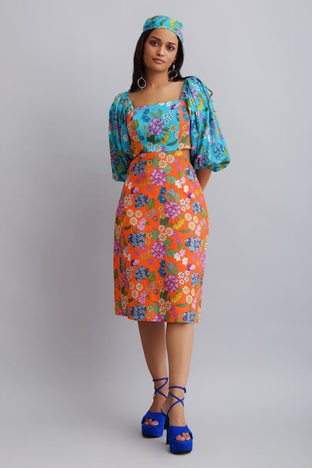 Shop_Nautanky_Orange Bandana- Viscose Crepe, Dress 100% Cotton Floral Print Puff Sleeve _Online_at_Aza_Fashions