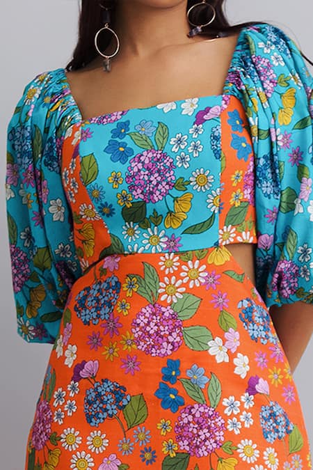 Nautanky_Orange Bandana- Viscose Crepe, Dress 100% Cotton Floral Print Puff Sleeve _at_Aza_Fashions