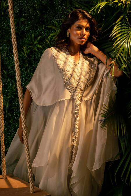 Shop_Pallavi Poddar_Ivory Organza Tassels V-neck Bodice Embroidered Tunic And Pant Set _Online_at_Aza_Fashions