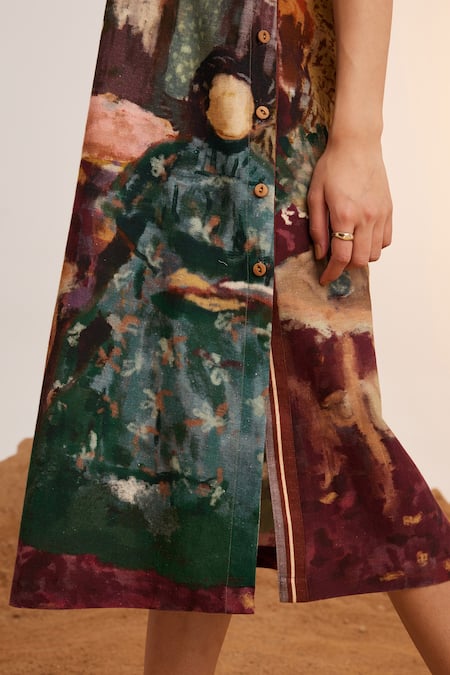 Shop_Cord_Beige Rayon V-neck Zen High Tea Print Dress_Online_at_Aza_Fashions