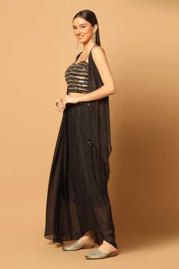 Buy Two Sisters By Gyans Black Chiffon Sequins, Beads, Sleeveless Cape And Waistband Draped Skirt Set Online at Aza Fashions Buy_Two Sisters By Gyans_Black Chiffon Sequins, Beads, Sleeveless Cape And Waistband Draped Skirt Set _Online_at_Aza_Fashions