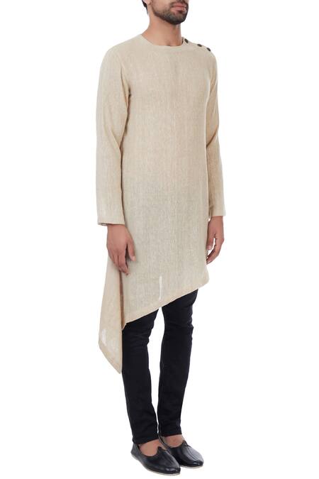 Vavci_Beige Linen Jute Woven Asymmetric Kurta_Online_at_Aza_Fashions