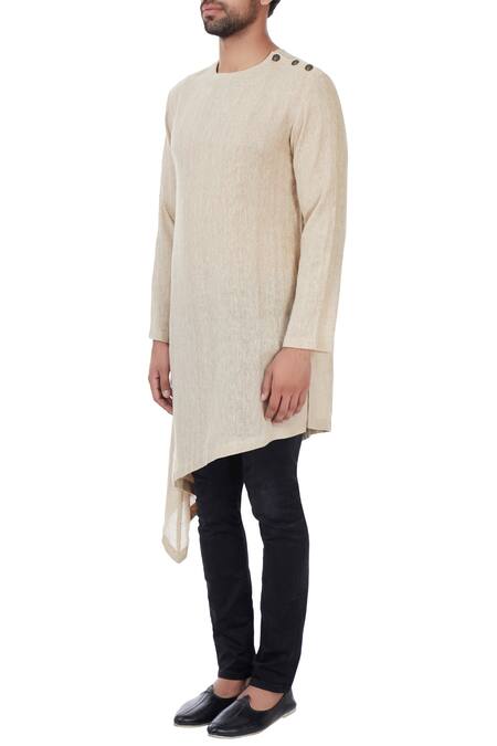 Buy_Vavci_Beige Linen Jute Woven Asymmetric Kurta_Online_at_Aza_Fashions