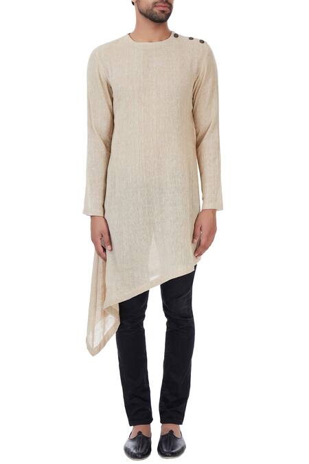 Shop_Vavci_Beige Linen Jute Woven Asymmetric Kurta_Online_at_Aza_Fashions