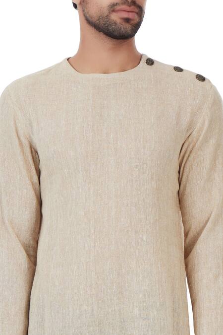 Vavci_Beige Linen Jute Woven Asymmetric Kurta_at_Aza_Fashions