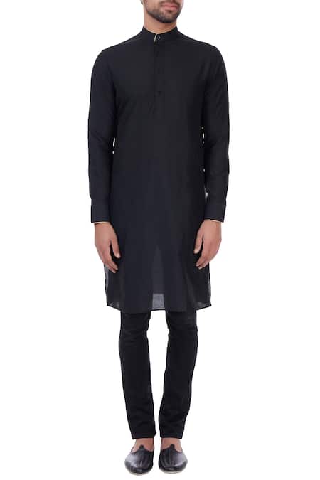 Shop_Vavci_Black Silk Blend Solid Kurta_Online_at_Aza_Fashions