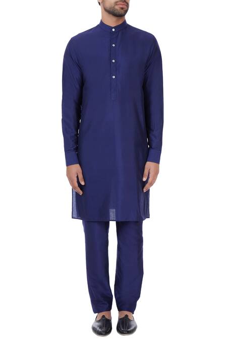 Shop_Vavci_Blue Silk Blend Solid Kurta_Online_at_Aza_Fashions