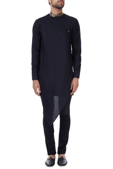 Shop_Vavci_Black Silk Blend Solid Asymmetric Kurta_Online_at_Aza_Fashions