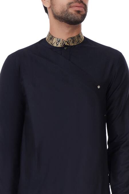 Vavci_Black Silk Blend Solid Asymmetric Kurta_at_Aza_Fashions