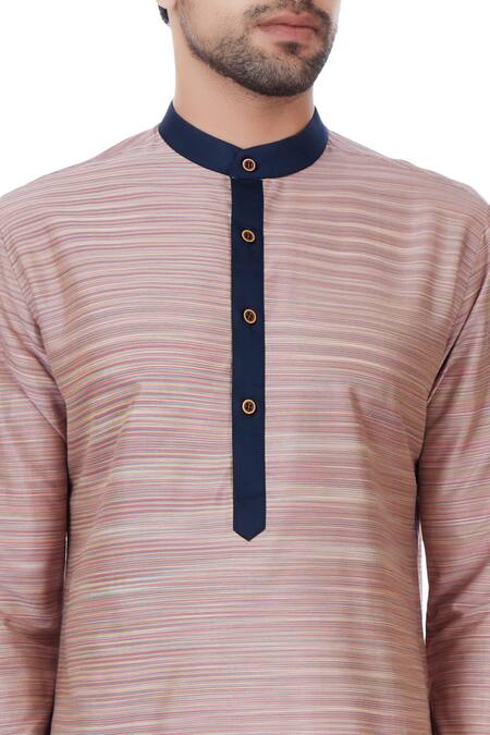 Vavci_Multi Color Silk Blend Printed Stripe Kurta_at_Aza_Fashions